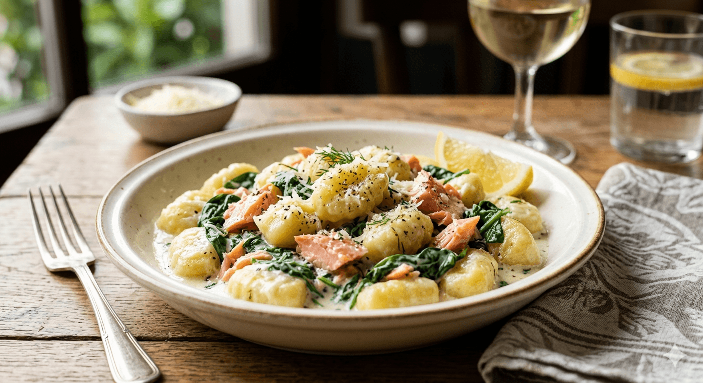 Gnocchi s listovým špenátem a uzeným lososem